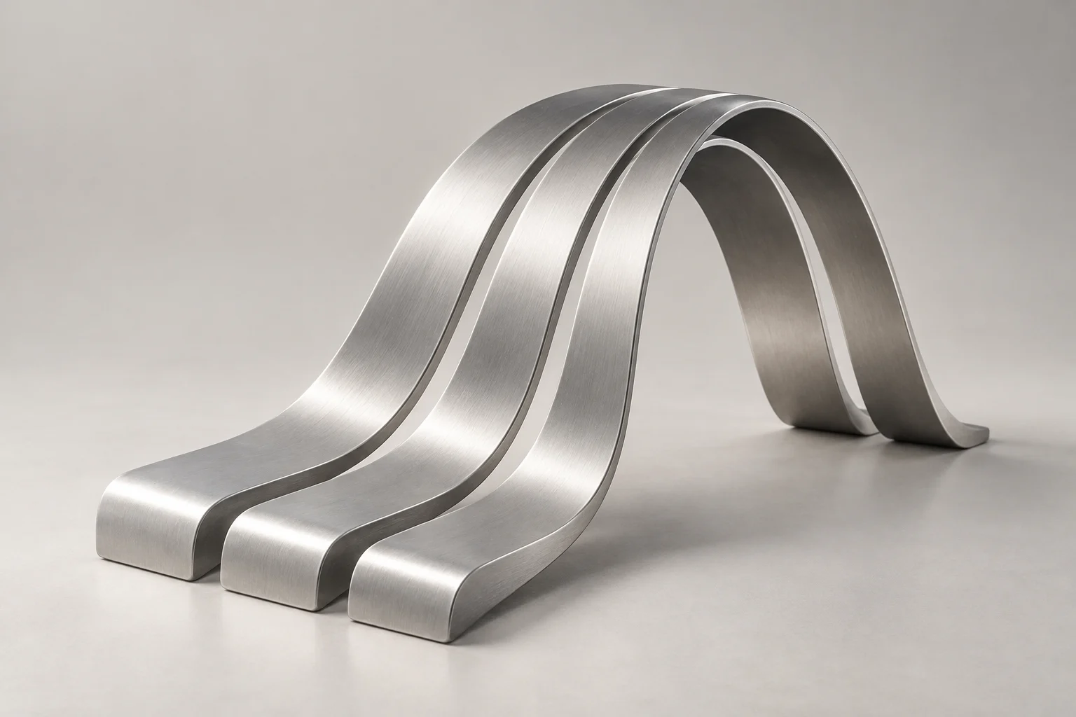 Three brushed aluminium ribbons following parallel paths into one graceful arch